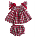 Description:
Our Christmas Tartan Smocked Set is a festive classic designed to bring timeless charm to your little one’s holiday wardrobe. Featuring a beautifully hand-smocked bodice with red and green threadwork over traditional tartan checks, this set perfectly captures the spirit of Christmas. 
🎀 Details:
	•	100% cotton
	•	Hand-smocked detailing on the chest
	•	Festive red and green tartan pattern
	•	Matching bloomers included
	•	Red bow accents
	
